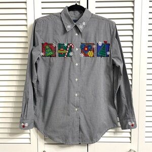Karen Scott Button Front Embroidered Shirt Black White Check Holiday Christmas S